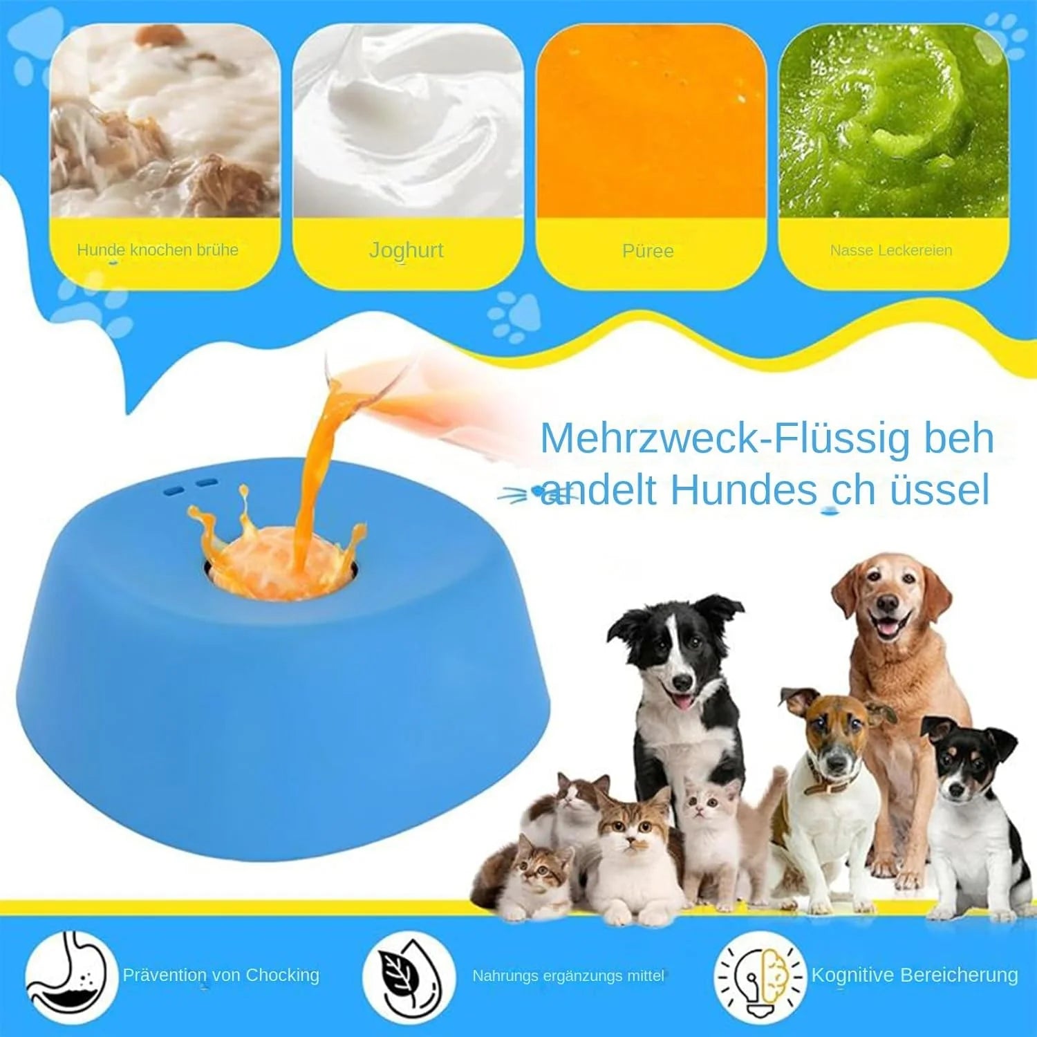 Dog Lick Bowl,Slow Feeder Dog Bowls,Dog Liquid Lick Bowl, Slow Feeder Lick Treater for Dogs, Anti-Slip Entertained Ball-In Bone Broth Dog Licking Bowls, Anxiety-Relief Feeding Solution(Blue)