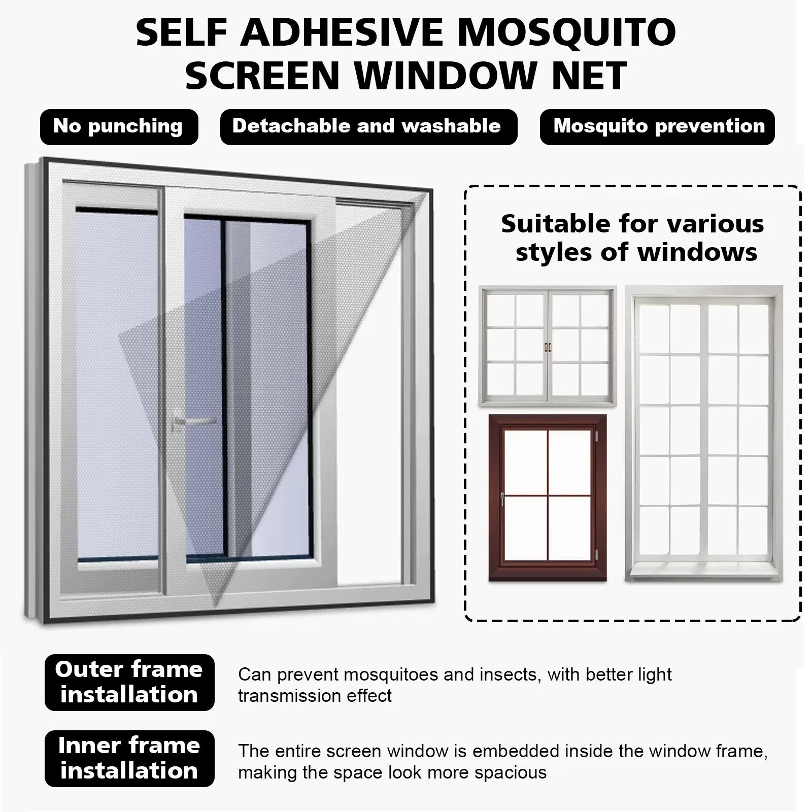 Mosquito Nets for Windows Fly Screen Window Magnetic Fly Screen for Windows Self-Adhesive Tape for Windows Keeps Beetles/Flies